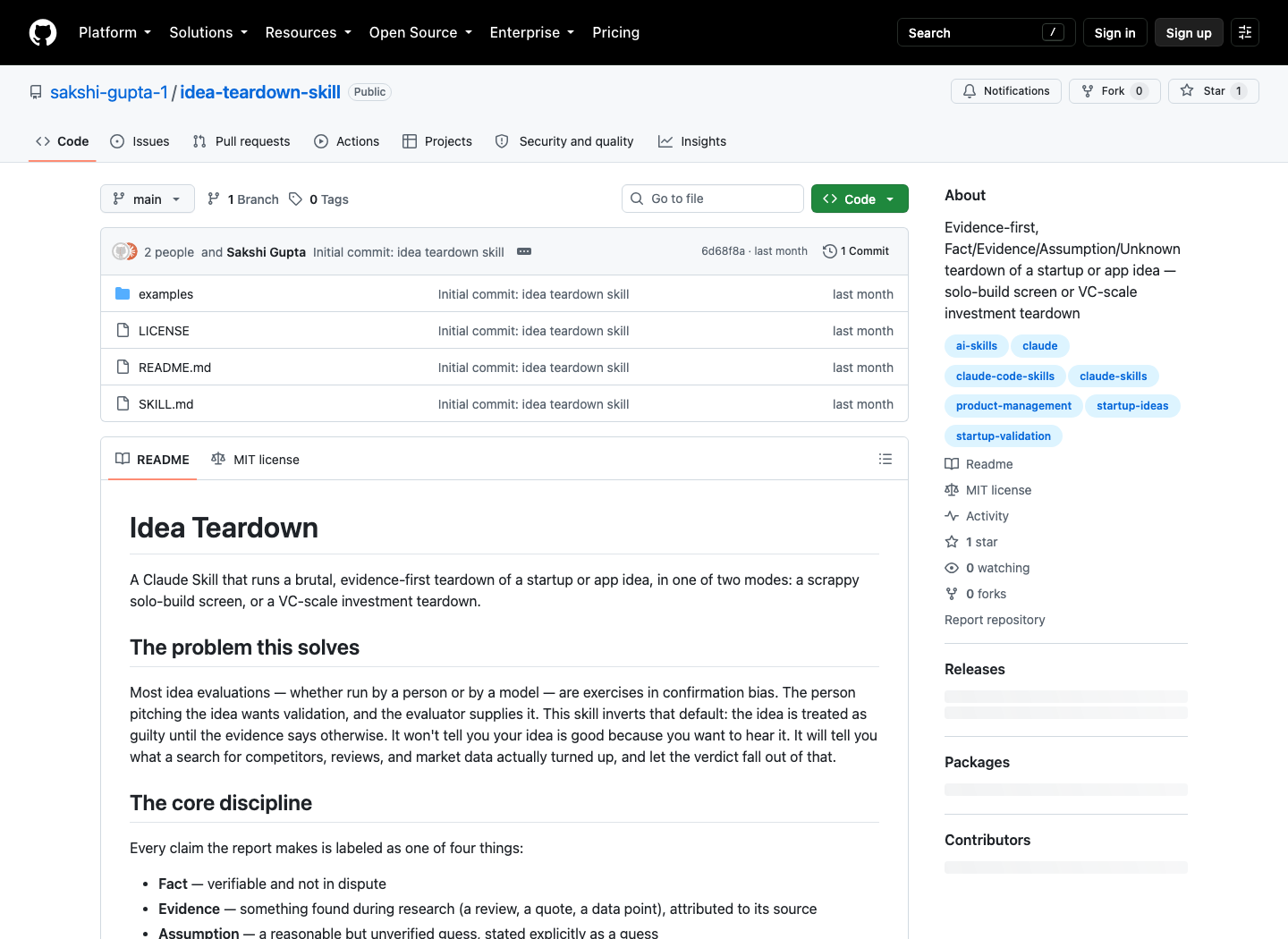 Public Idea Teardown GitHub repository with skill files and README
