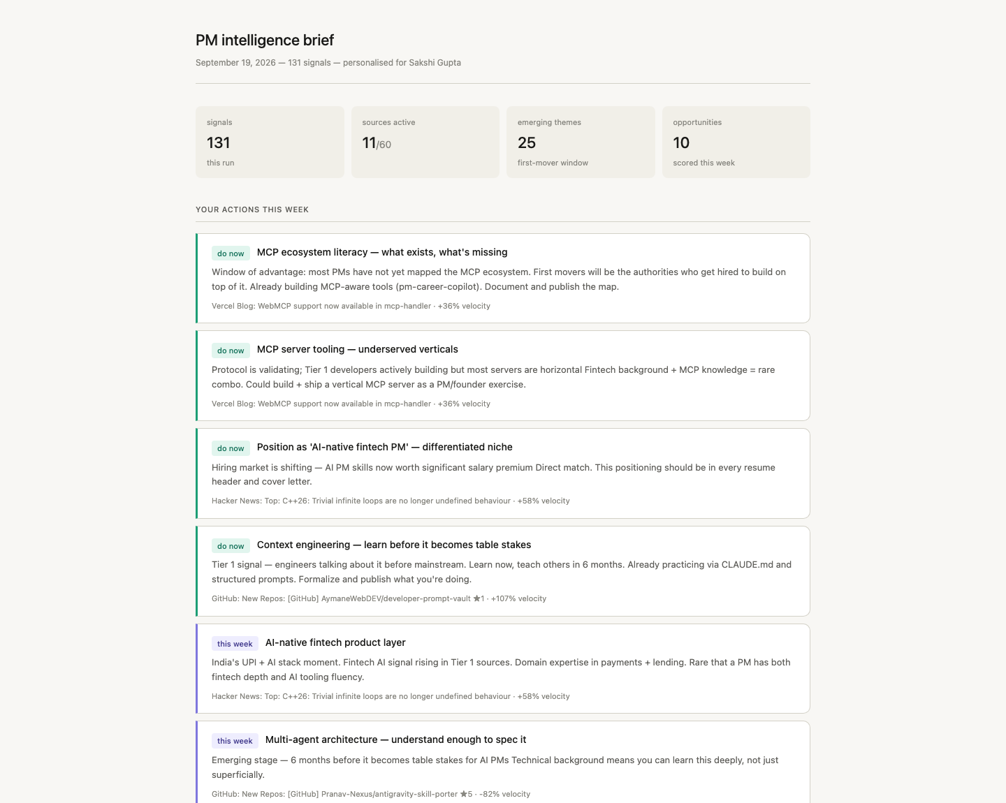 Personal intelligence weekly report with 131 signals, actions and source trails